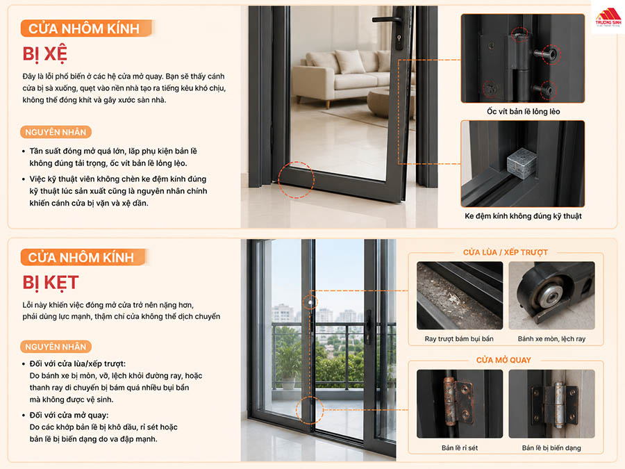 Khắc phục cửa nhôm kính bị xệ, bị kẹt